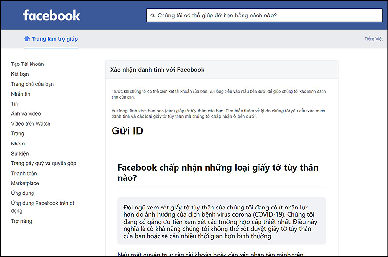 Trang web Xác nhân danh tính với Facebook